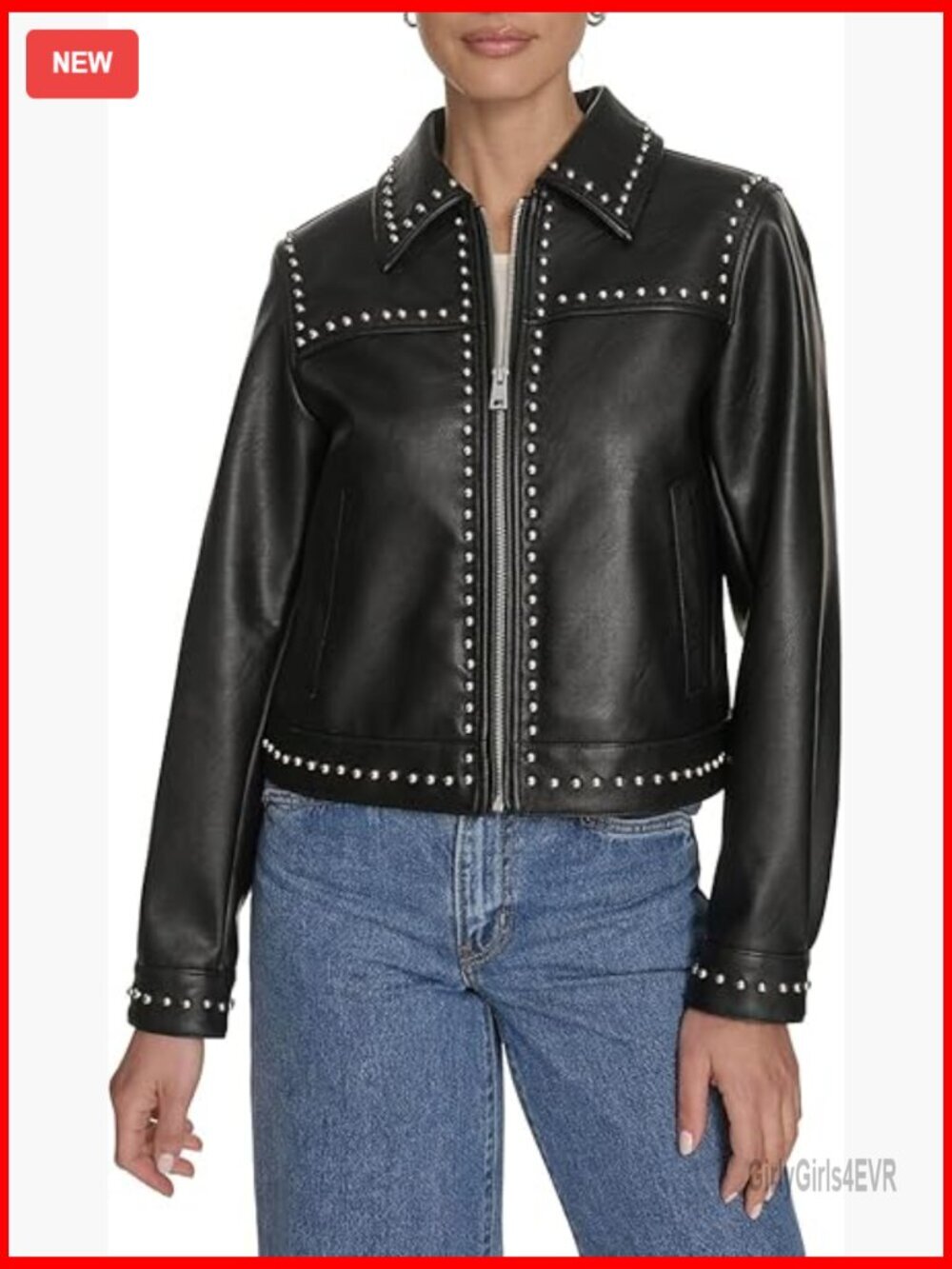 Faux Leather Studded Jacket Long Sleeve Zip Front Modern Cut